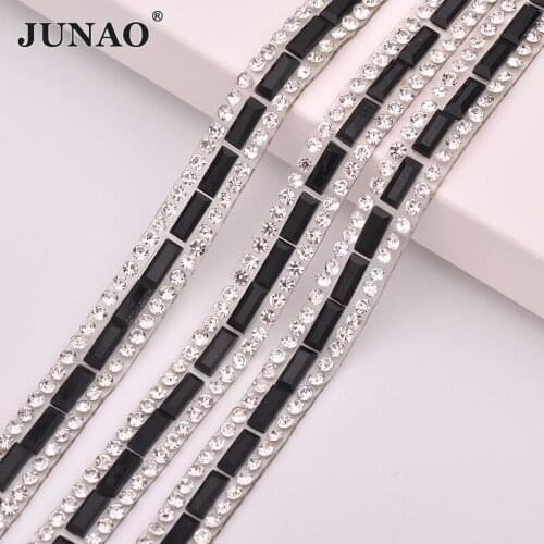 JUNAO 5 Yard*8mm Hotfix Black Glass Rhinestones Fabric Chain Crystal Ribbon Trim Strass Beads Applique Banding for Shoes Clothes