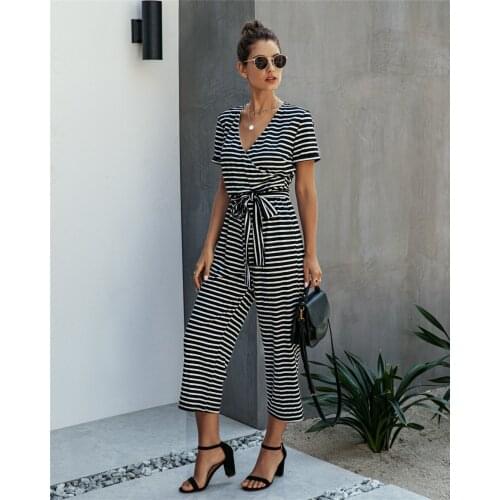 Summer Jumpsuit Rompers Women V-Neck Casual Striped Jumpsuits Streetwear Thin Short Sleeve Overalls For Lady Playsuit Jumpsuits