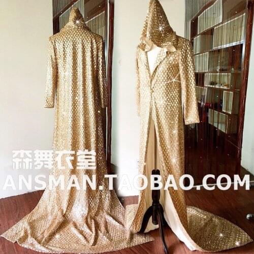 Fashion Original designed Novelty Long Golden Shining Cloak jacket costumes NightClub Male singer DJ Party show stage wear