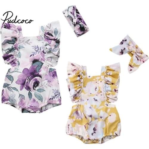 Pudcoco New Fashion Newborn Baby Girls bodysuit Sleeveless Floral Jumpsuit Bodysuit Outfit Set With Headband Clothes 0-24 Months