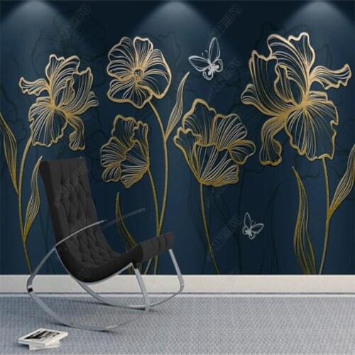 Beibehang custom Modern luxury golden embossed lines flower wallpapers for living room decoration TV background mural wall paper