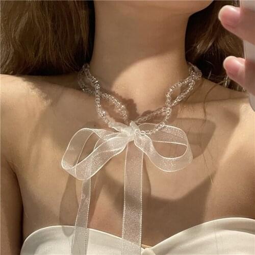 Origin Summer Vintage Sweet Crystal Beaded Pendant Necklace for Women Girls Trendy Lace Bowknot Double-Layer Necklace Jewelry