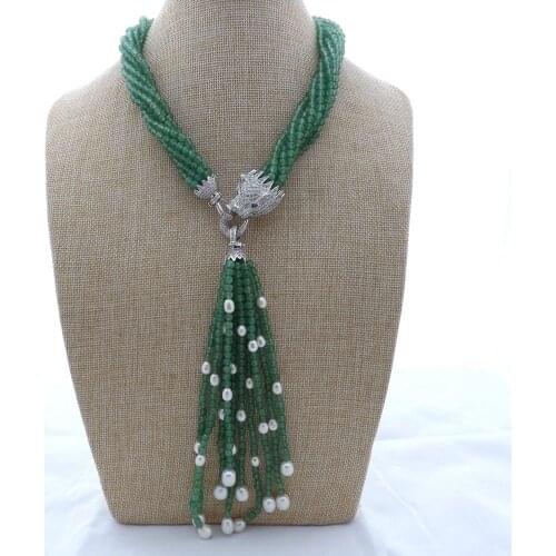8Strands white freshwater pearl green stone necklace micro inlay zircon accessories leopard head Clasp Tassel pendant