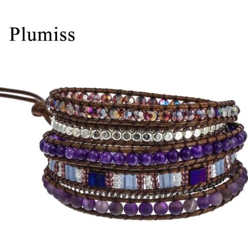 Plumiss Purple Noble Natural Stone Wrap Bracelets for Women Boho Amethysts Crystal Hematite Beaded Bracelet Unique Femme Jewelry