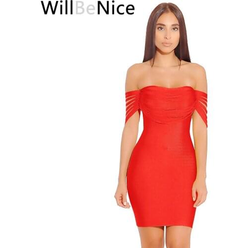 WillBeNice Red 2018 New Arrival Off T Shoulder Thin Tassel Strap Slash Neck Bodycon Sexy Girl Christmas Party Bandage Dress