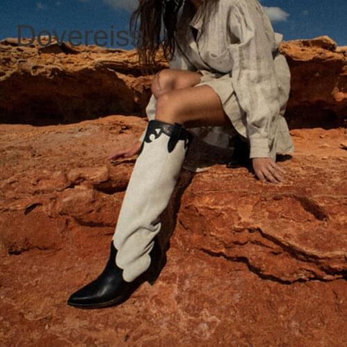 Dovereiss Fashion Womens Shoes Winter New Pointed Toe Sexy Genuine Leather Slip On Strange Style Heels Over The Knee Boots