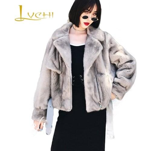 LVCHI Winter 2019 Motorcycle jacket Real Mink Fur Coat Womens Long Sleeve Belt Coat Short Turn-Down Collar 6 Color Mink Coats