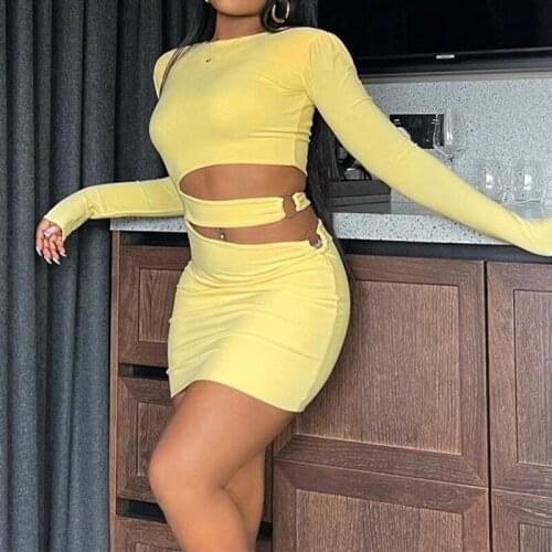 Women Middle Waist O-neck Full Sleeve Solid Bodycon Dress New Club Yellow Hollow Out Sheath Wrap Ladies Dress Autumn Party Dress
