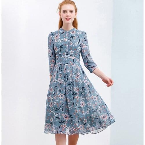2021 Chiffon Dress For Women Printed A-Line Womens Mid-Length Dress Spring Autumn Floral Blue Buttoned Up Transparent Vestidos