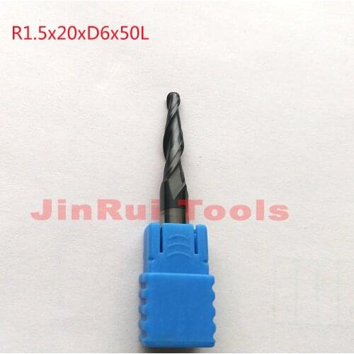 1pc R1.5*D6*20*50L*2F HRC55 Tungsten solid carbide Coated Tapered Ball Nose End Mills CNC milling cutters wood knife tools knife