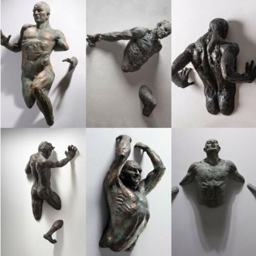 3D Through Wall Figure Sculpture Resin Electroplating Imitation Copper Abstract Character Pendant Statue Living Room Decor