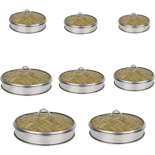 D08D Bamboo Lid Cover with Stainless Steel Banding Handle for buns Dim Sum Food Steamer Kitchen Dumplings Basket Accessories