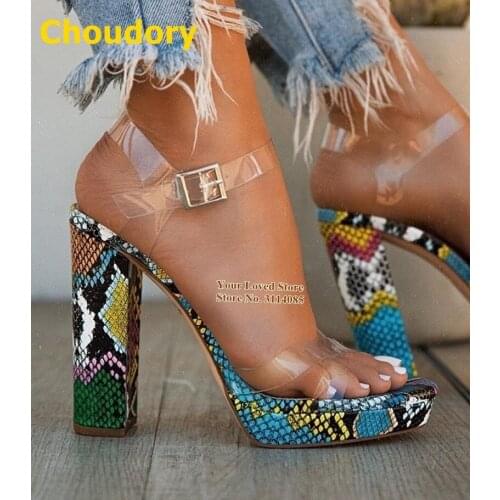 Choudory Chunky Heels Platform Women Sandals Transparent Clear PVC Patchwork Dress Shoes Buckle Strap Summer Pumps Size47