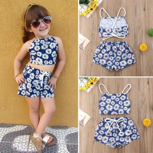 Newborn Baby Girls clothes backless strap round neck sleeveless Vest Flower print Shorts 2pc kids Toddler cotton casual Outfits