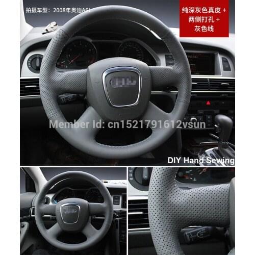 For Audi A6l 2008 High Quality Hand-stitched Anti-Slip Black Leather Black Thread DIY Steering Wheel Cover
