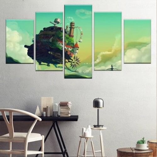 Home Decorative Wall Art Canvas Picture 5 Panel Cartoon Howls Moving Castle Anime Movie Poster For Kids Room Modern Painting