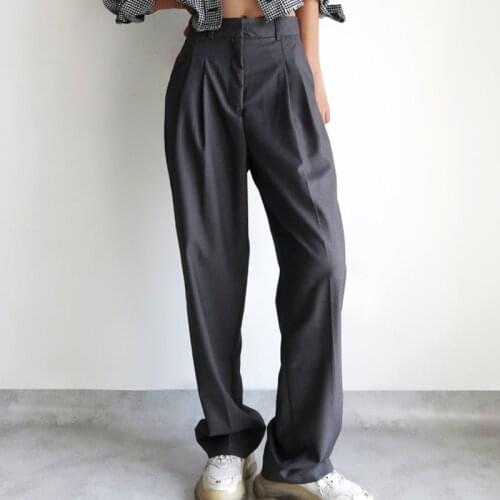 Europe Straight Long Legs High Waist Slimming Pants Loose Pleated Casual Dark Gray Simple Suit Trousers 8J45