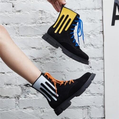 Fornihapfirafs Hot Black Suede Leather Mixed Color Women Ankle Boots For Women Lace Up Platform Flats Botines Mujer Shoes Woman