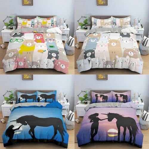 Unicorn Pattern Bedding Set Cartoon Bear Duvet Cover Bedclothes Pillowcase Comforter Cover Twin/Queen/King Size Bedding