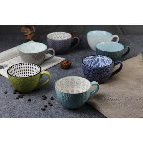 Creative Cup Ceramic Mug large capacity colored glaze relief coffee milk cup soup cup couple cup breakfast cup