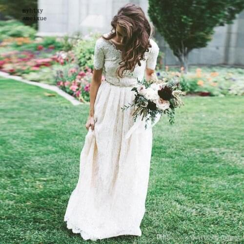 Lace Boho Cheap Wedding Dress Short Sleeve Scoop A Line Beach Bride Dress Custom Made Princess Wedding Gown Free Shipping 2020