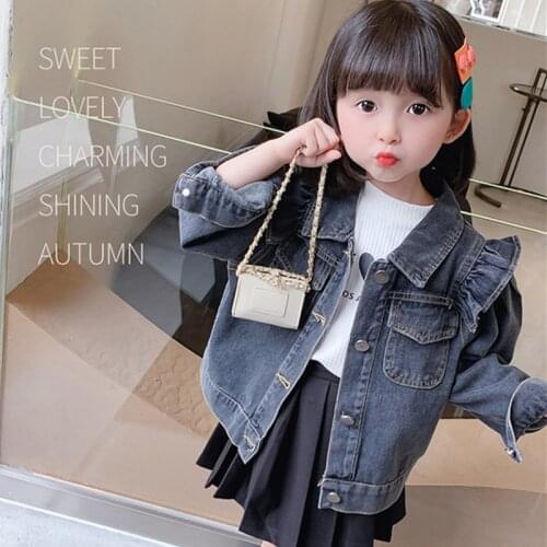 2021 Autumn New Arrival Girls Denim Jackets Korean Style Solid Color Wood Ear Jeans Cardigan Coat For 1-7Yrs Toddler Clothes