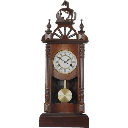 Pure copper movement horse head mechanical clock wood living room Feng Shui swing clock