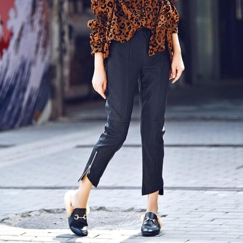 MICOCO K2192 South Korean version of three-dimensional cut elastic PU leather trousers for women slim straight boot trousers