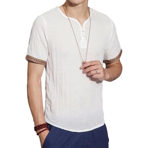 2020 New Summer Men Shirt Baggy Cotton Linen Solid Short Sleeve V-Neck Retro Top Blouse streetwear camisas hombre