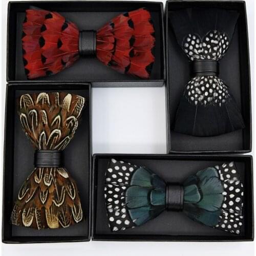 Mens Feather Bow Tie Gift Boxed Handmade High-end Performance Reception Banquet Collar Flower Pot Male Wedding Butterfly