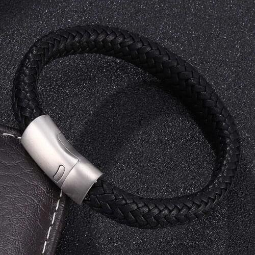 New Trendy Bracelet for Men Black Leather Braided Bracelets Bangles Silver Color Magnetic Buckle Fashion Male Wrist Band Gifts