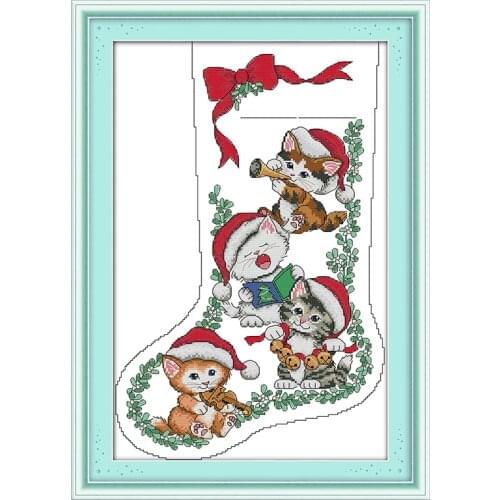 Cross Stitch pattern DIY cat Christmas stocking Embroidery Needlework Craft 14CT printed canvas set New Designs cross stitch kit