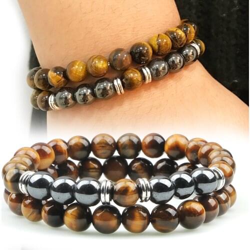 New 2pcs Men Tiger Eye Stone Bracelet Charm Hematite Natural Lava Rock Beads Strand Bracelets & Bangles for Women Energy Jewelry