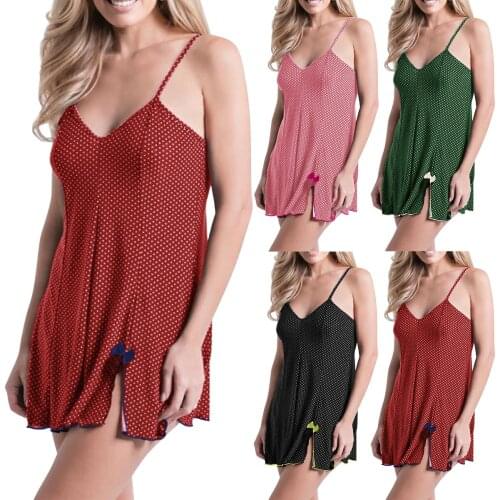 H80&S90 New Women Sexy Straps Dress Side Slit Hollow Out V-Neck Lounge Wear Dot Printing Mini Vestidos Back Sleepwear Night Wear