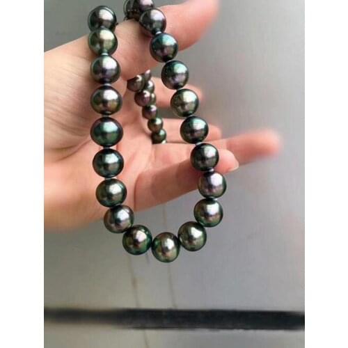 HUGE AAA 10-11MM ROUND SOUTH SEA GENUINE BLACK GREEN PEARL NECKLACE 18" 925silver GOLD