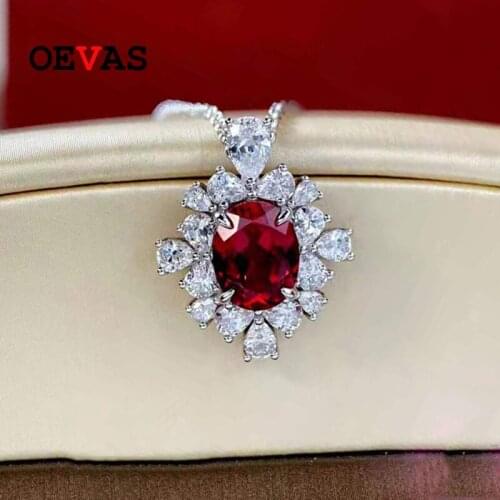 OEVAS 100% 925 Sterling Silver 2.5 Carat Ruby High Carbon Diamond 18K Gold Plated Pendant Necklace For Women Party Fine Jewelry
