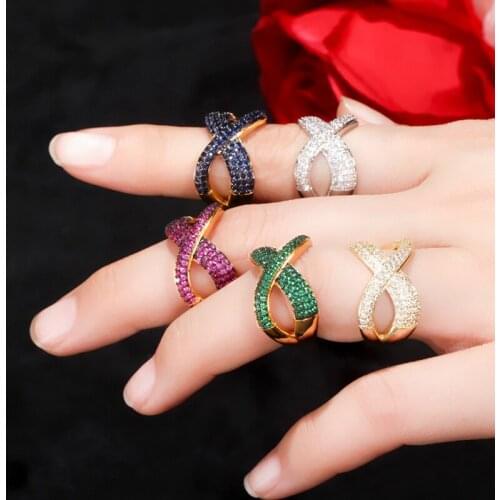 ThreeGraces Unique Cross Red Green Blue Micro Pave Cubic Zircon 585 Gold Color Adjustable Finger Rings Women Party Jewelry RG124