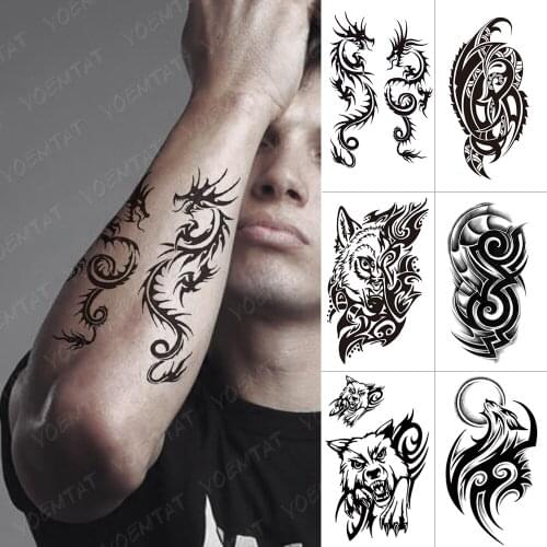 Waterproof Temporary Tattoo Sticker Dragon Wolf Moon Totem Flash Tattoos Tribal Eagle Fire Body Art Arm Fake Tatoo Men