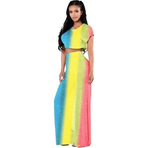 Womens 2-Piece Club Clothing Casual Rainbow Gradient T-Shirt Wide Leg Pants Set