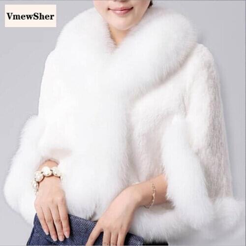 VmewSher New Fur Coat Women Quality Faux Mink Rex Rabbit Fur Cape Jacket Black White Coat Imitation Soft Faux Fox Fur Collar
