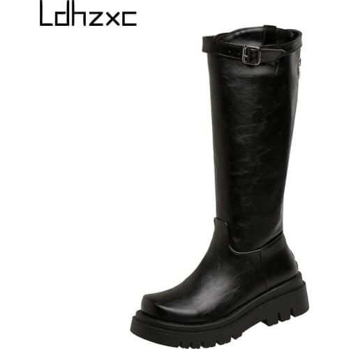 LDHZXC New Big Size Knee High Boots Women Square High Heels Platform Ladies Boots Zipper Autumn Winter Boots Female