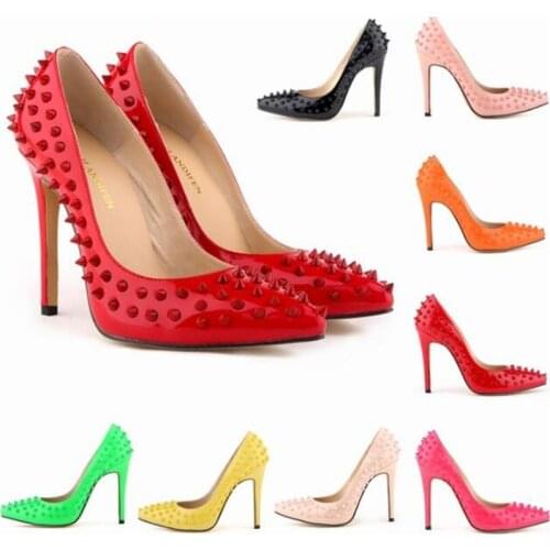 New Women Sexy Party Pointed Toe Pumps Solid Color Thin High Heels Shoes Patent Leather 11CM Slip On Rivet 2020 size 35-42