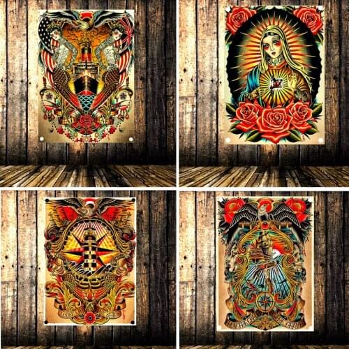 Retro Tattoo Poster Banner Flag Tapestry Wall Stickers Canvas Painting Wall Hanging Cloth Art Bar Cafe Barber Shop Home Decor B1