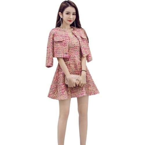 Fashion Tweed Suit Woman High Quality Two Piece Sets Autumn Clothes Women Tweed Mini Dresses + Long Sleeve Short Blazer Jacket