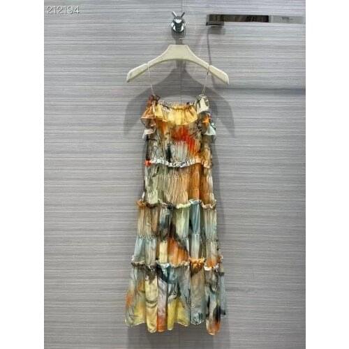 Runway 2021 Summer Floral Print Dress Female Spaghetti Straps Sleevess Sexy Bohemian Silk Midi Ruffles Dresses Women