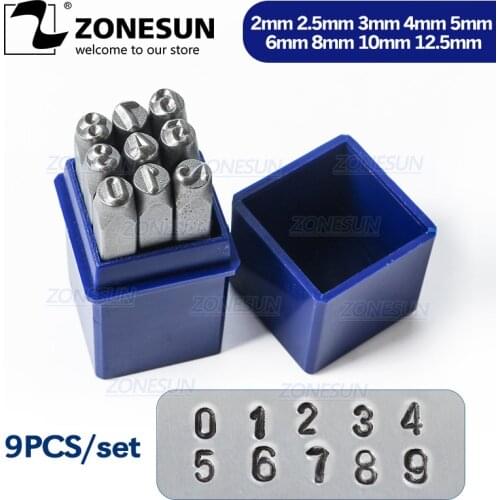 ZONESUN 9PCS Carbon Steel Antique Pewter Number 0-9 Logo Custom Rectangle Punch Metal Stamping Tools for Jewelry