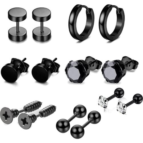 7 Pairs Surgical Steel Black Ear Studs Rings Earrings Cubic Zirconia Punk Tragus Cartilage Body Piercing Jewelry Gift for Men
