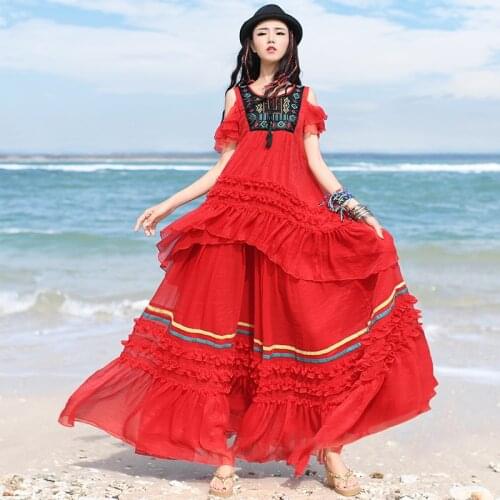 Free Shipping 2021 Boshow Bohemian Long Maxi Women Chiffon Skirts Ruffle Elastic Waist A-line S-L Beach Summer Big Hem Skirts