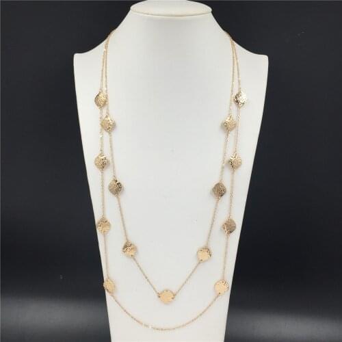 Trendy Gold Color Plating Hammered Leaf Strand Layered Long Necklace For Women Girl Sweater Decoration Party Anniversary Party