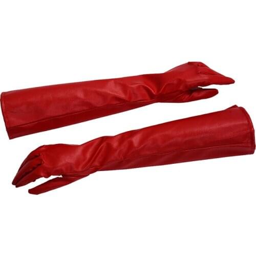 Pair of Stylish Red Solid Color PU Leather Long Gloves For Women